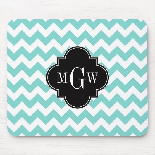 Aqua Wht Chevron Black Quatrefoil 3 Monogram Muismat (Voorkant)