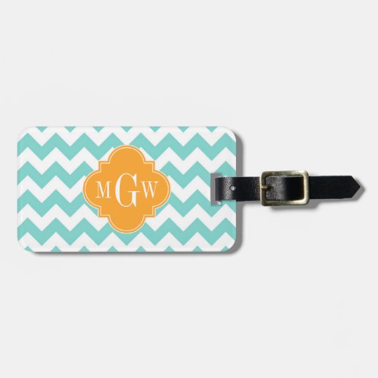 Aqua Wht Chevron Cantaloupe Quatrefoil 3 Monogram Bagagelabel (Voorkant horizontaal)