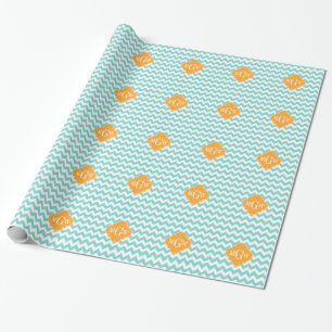 Aqua Wht Chevron Cantaloupe Quatrefoil 3 Monogram Cadeaupapier