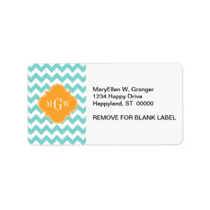 Aqua Wht Chevron Cantaloupe Quatrefoil 3 Monogram Etiket