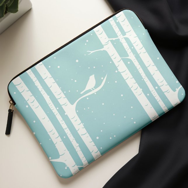 Aqua Winter Berken Bomen en Vogels Laptop Sleeve (Creator heeft geüpload)