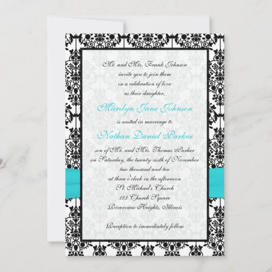 Aqua, wit en zwart Damask II bruiloft uitnodiging (Achterkant)