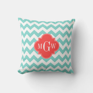 Aqua Witte Chevron Koraal Rood Vierblad 3 Monogram Kussen
