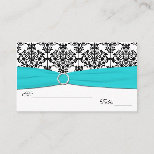 Aqua, Witte en Zwarte Damast Plaatskaarten Plaatskaartje (Voorkant)