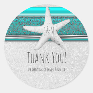 Aqua & Witte Glitter Zeester Strand Bruiloft Favor Ronde Sticker