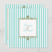 Aqua, witte strepen met gouden rollen uitnodiging (Voorkant / Achterkant)