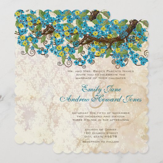 Aqua Yellow Cherry Blossom Tea Stain Invitations (Devant / Derrière)