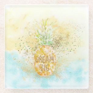 Aqua Yellow Pineapple Gold Dream Glitz Glazen Onderzetter