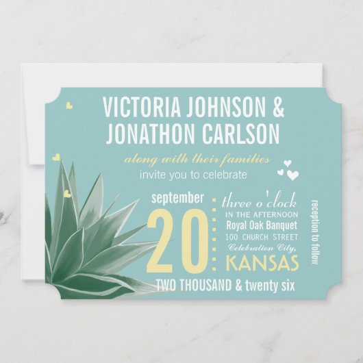 Aqua Yellow Succulent Typography Wedding Kaart (Voorkant)