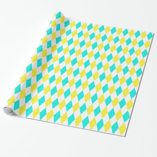 Aqua Yellow White Harlequin Diamond Pattern Cadeaupapier (Uitgerold)