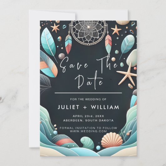 Aqua Zand Werk Gestapeld Zee Glas Bruiloft Save The Date (Voorkant)