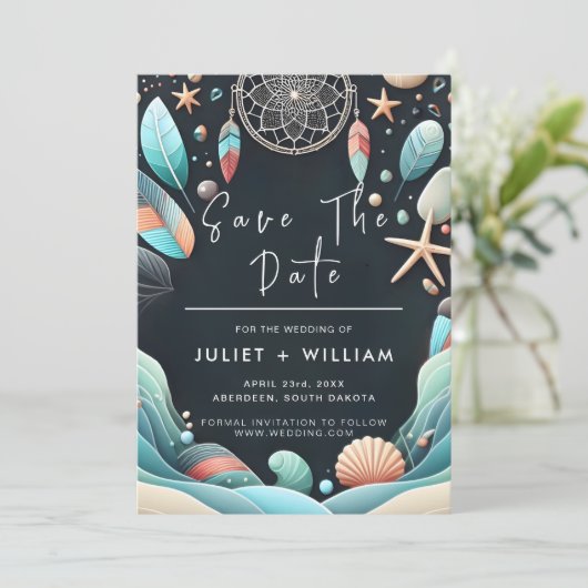 Aqua Zand Werk Gestapeld Zee Glas Bruiloft Save The Date (Staand voorkant)