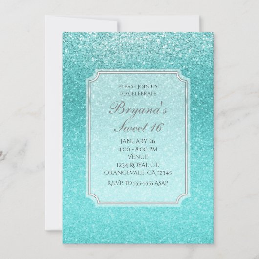 Aqua Zee Blue Glitter Sparkle Party Invitations Kaart (Voorkant)