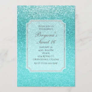 Aqua Zee Blue Glitter Sparkle Party Invitations Kaart