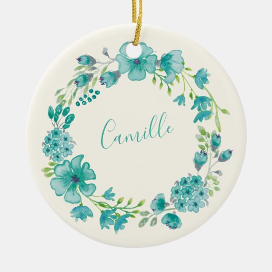 Aqua Zee Green Floral Wreath Personalized Keramisch Ornament (Voorkant)