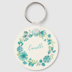 Aqua Zee Green Floral Wreath Personalized Sleutelhanger