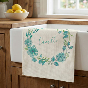 Aqua Zee Green Floral Wreath Personalized Theedoek
