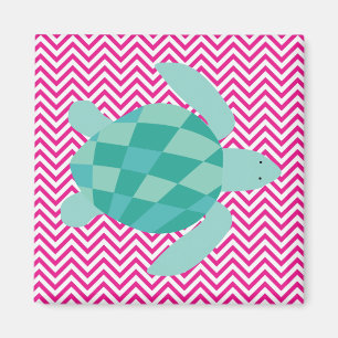 Aqua Zee Schildpad op Roze Chevron Stripe Magneet