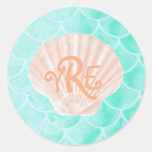Aqua Zeemeermin Schalen   Seashell Monogram Ronde Sticker