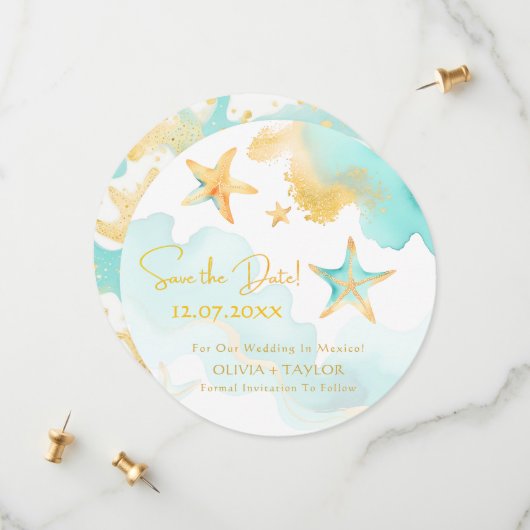 Aqua Zeester Nautisch Strand Bruiloft Save the Dat Date (Voorkant / Achterkant in situ)