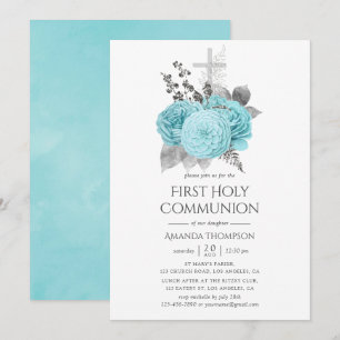 Aqua & Zilver Vintage Shabby Rozen Heilige Communi Kaart