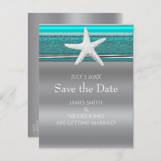 Aqua & Zilveren Zeester Strand Save the Date Aankondigingskaart (Voorkant / Achterkant)