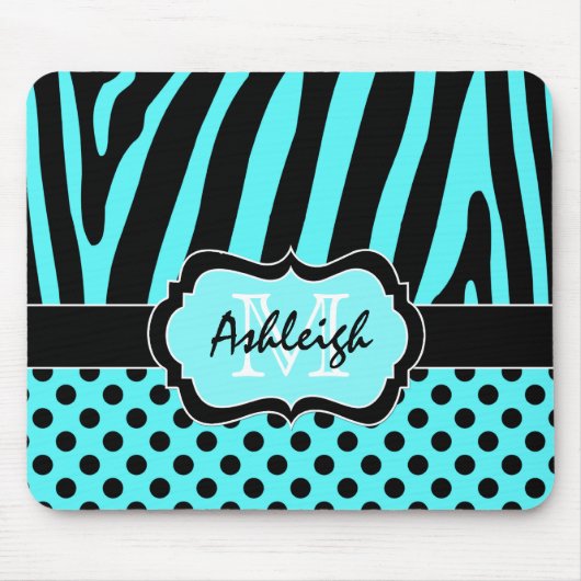 Aqua, zwart, witte streep en Stippen Mousepad Muismat (Voorkant)