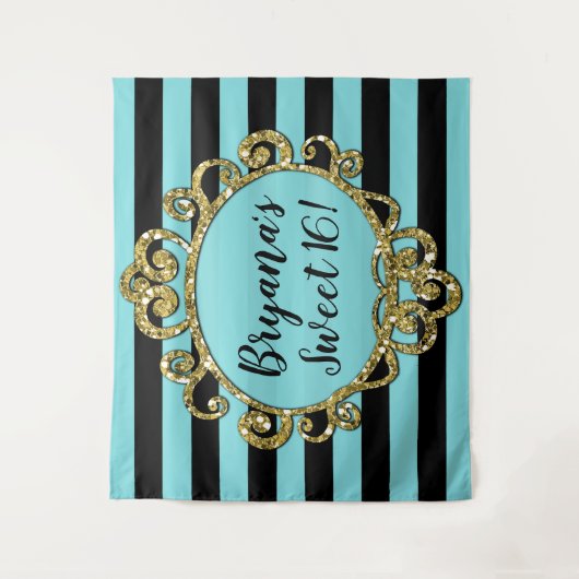 Aqua Zwarte Gouden Gestreepte Verjaardagsfeest Ach Wandkleed (Voorkant)