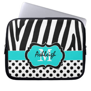 Aqua Zwarte Zebra Strepen Stippen Laptop Hoes
