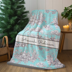 aquablauw bloemmeer Toile de Jouy Fleece Deken