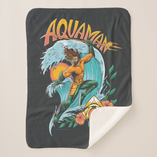 Aquaman en Trident Rising Surf Graphic Sherpa Deken (Voorkant)