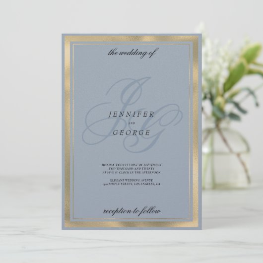 Aquamarijn blauw goud monogram initialen bruiloft kaart (Staand voorkant)