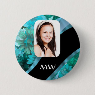 Aquamarijn bloemen gepersonaliseerde foto ronde button 5,7 cm
