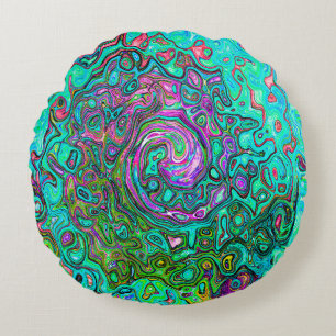 Aquamarijn Groovy Abstract Retro Vloeibare Draaiko Rond Kussen