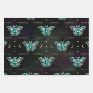 Aquamarijn March Birthstone Moth Happy Birthday Inpakpapier Vel