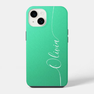 Aquamarijn Witte Elegante Calligrafie Script Naam iPhone 14 Hoesje