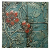 Aquamarine Blue Red Floral Organic Pattern Tegeltje (Voorkant)