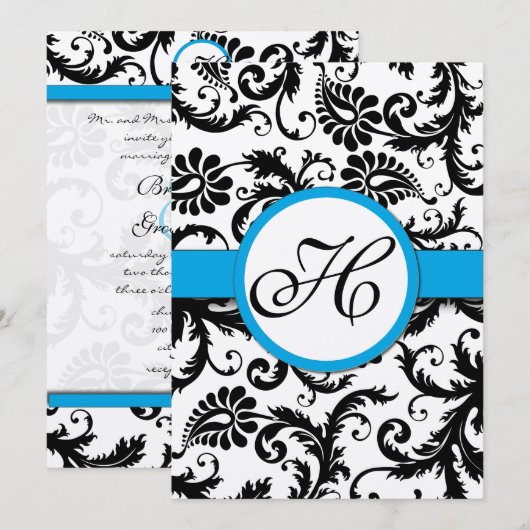 Aquamarine Damask Swirls Wedding Invitation Kaart (Voorkant / Achterkant)