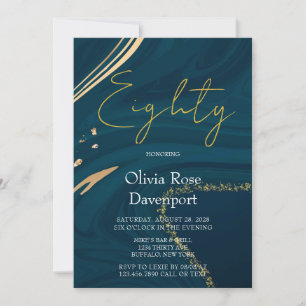 Aquamarine Gold Alcohol Ink 80th Birthday Party Kaart