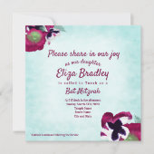 Aquamarine, Magenta Pansies Invitation Bat mitzvah (Devant)