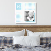 Aquamarine Voeg uw foto toe Gingham Modern Monogra Canvas Afdruk (Insitu (Slaapkamer))