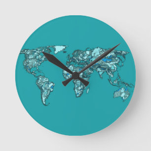 aquamarine wereldkaart inkttekening ronde klok