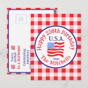 Aquarel 250 verjaardag VS-vlag Rode Check UITNODIG Briefkaart
