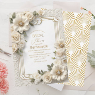 Aquarel 3D witte bloemen goud Bruidsdouche Kaart