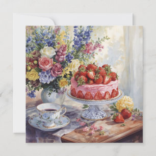 Aquarel Aardbeientaart en Bloemen Stilleven  Kaart