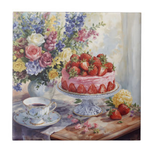 Aquarel Aardbeientaart en Bloemen Stilleven Tegeltje