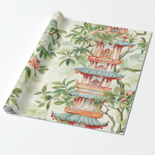 Aquarel Aziatische Pagode in Weelderig Landschap Cadeaupapier