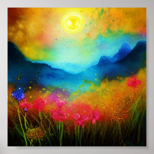 Aquarel berg en wilde bloemen poster