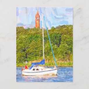 Aquarel Berlijn. Grunewald toren en boot Havel Briefkaart