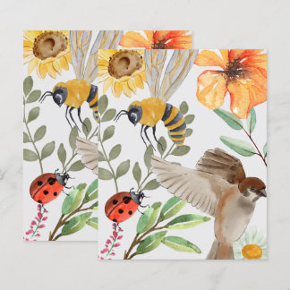 Aquarel Bij, Mus & Wilde Bloem Plat Papier